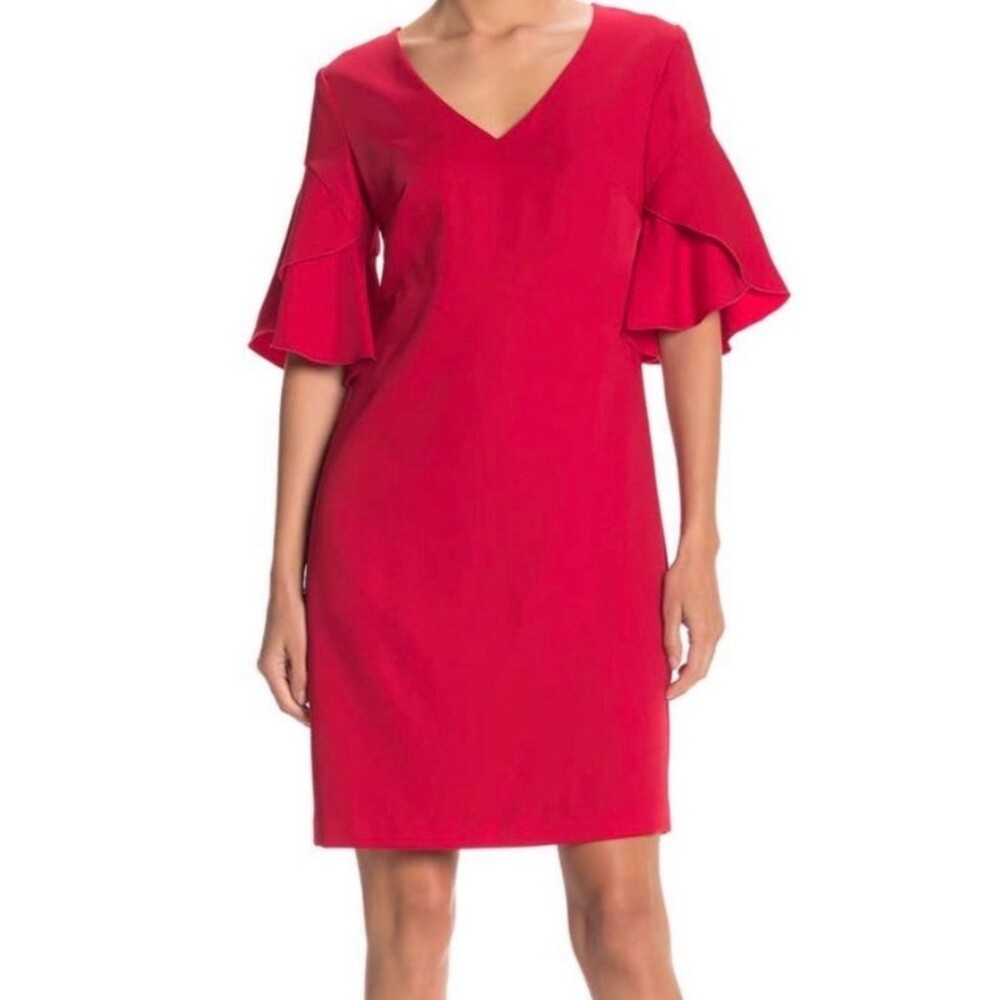 Trina Turk Bright Red V-Neck Ruffle Sleeve Mini Dress. Sz 8.